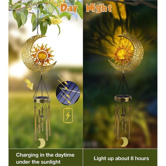 Sun Moon Solar Wind Chimes for Outside Crackle Glass Ball Waterproof Wind Chimes - Picture 2 of 6